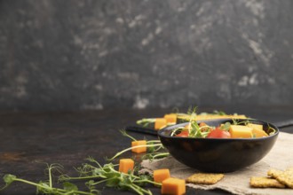 Vegetarian vegetable salad of tomatoes, pumpkin, microgreen pea sprouts on black concrete