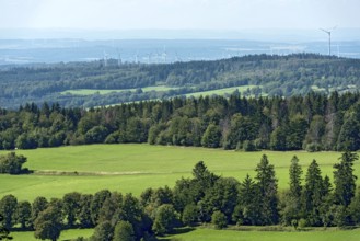 View of the Upper Nidda Valley, forests, fields and wind turbines, wind turbines, viewpoint from