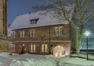 Old Latin School winter snow illuminated Stadthagen Germany