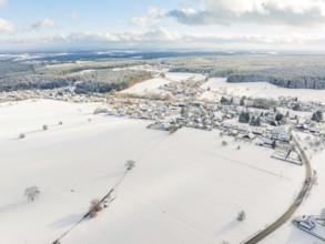 Village and fields under snow, wide winter landscape with clear view and cold atmosphere,