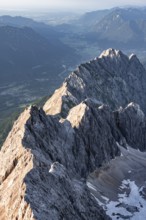 Steep rocky ridge in the evening light, Waxensteinkamm, with summit Waxenstein, view from the