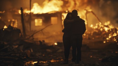 Couple embracing standing stunned gazing at the fire ruins of their home. generative AI, AI