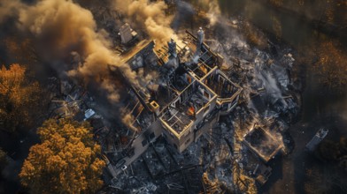 Aerial view of neighborhood in ruins from devastating fire. generative AI, AI generated