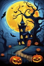 Year 60s and 70s Halloween poster with pumpkin and a fairy tale house under full moon, Bats Flying