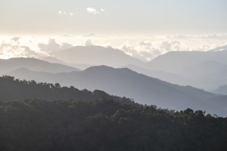 View of hills with cloud forest, in the evening light, Dramatic clouds between the mountains,