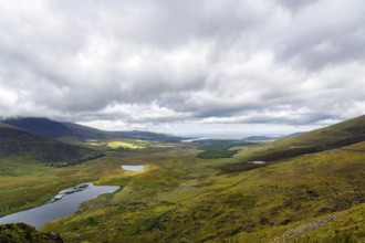 View from Connor Pass, also Conor Pass, to Brandon Bay, coastline, Dingle Peninsula, County Kerry,