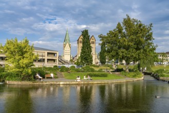 Pader springs, cathedral and Abdinghof church in Paderborn, North Rhine-Westphalia, Germany, Europe