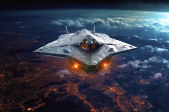 Futuristic cosmic spaceship flying over the Earth, AI generated