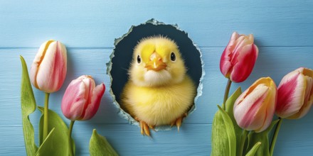 Banner with Easter chick peeking through hole in pink wall with tulip spring flowers. Generative