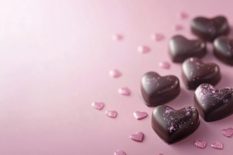 Romantic heart shaped chocolate pralines on pink background. Generative Ai, AI generated