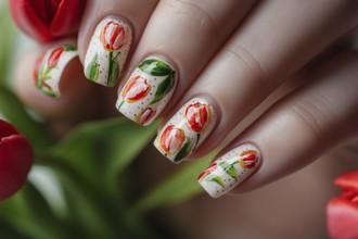 Woman's hand with beautiful spring themed nail art design with red tulip flowers . Generative AI,