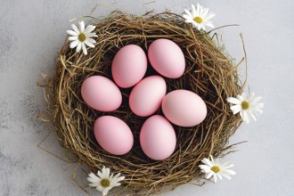 Top view of easter nest with pink painted eggs and white flowers. Generative AI, AI generated