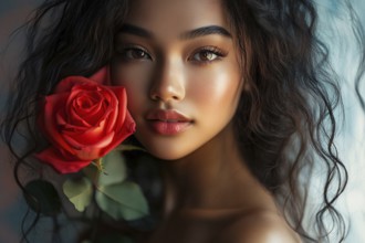 Beautiful young woman with dark skin and single red rose flower. Generative AI, AI generated