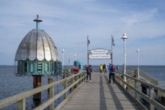 Tourists on the pier, Vinetabrücke with diving gondola, Zinnowitz, Usedom Island, Baltic Sea,