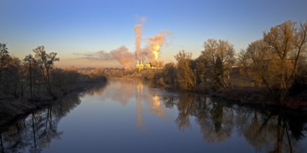 The Ruhr with the German stainless steel works at sunrise, Witten, Ruhr area, North