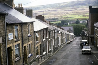 Steeply sloping street with Victorian terraced houses, Park Street, Blaenavon, Torfaen, South Wales