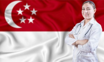 Female doctor on Singapore flag. Doctor with crossed arms on Singapore flag. Singapore Health and