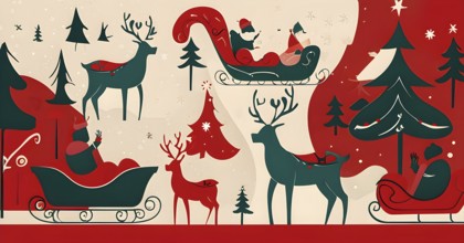 Whimsical abstract scene with stylized reindeer and sleighs to capture the magic of Christmas, AI