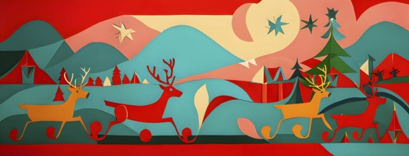 Whimsical abstract scene with stylized reindeer and sleighs to capture the magic of Christmas, AI