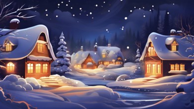 Cozy winter night scene with abstract forms representing a snow-covered village, AI generated