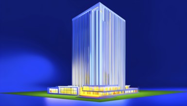 Three dimensional rendering of an illuminated modern high-rise office building, AI generated