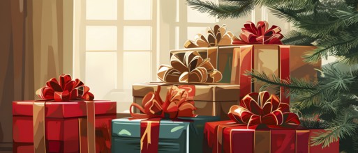 Abstract illustration of wrapped Christmas gifts, shiny ribbons and bows, stacked under a evergreen