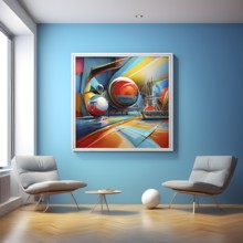 Art gallery with canvas and plastics in a 3D illustration, AI generated