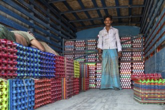 Man, egg seller, lorry with egg cartons, Rameswaram or Rameshwaram, Pamban Island, Tamil Nadu,