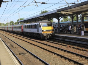 Greater Anglia, British Rail Class 90 electric locomotive train platform station, Ipswich, Suffolk,