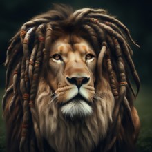 A maned lion with rasta braids as a hairstyle, AI generated, AI generated