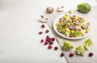 Vegetarian salad from romanesco cabbage, champignons, cranberry, avocado and pumpkin on a white