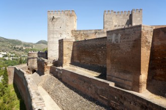 Fortified walls of the Alcazaba castle in the Alhambra complex, Granada, Spain, Europe