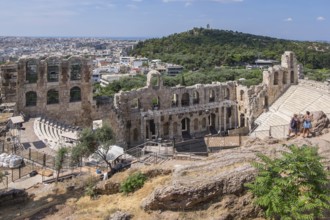 View from the Acropolis to the Odeon of Herodes Atticus and Athens, Greece, Europe