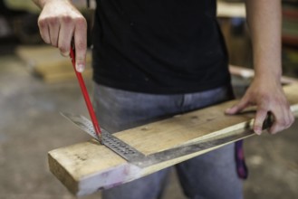 A man tears a section on a piece of wood. Berlin, 14.08.2024