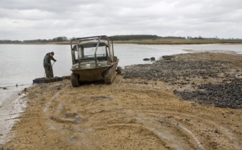 Men collecting mussels from the River Deben near Ramsholt, Suffolk, England, United Kingdom, Europe