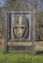 Saxon helmet entrance sign at Sutton Hoo Anglo-saxon burial site, near Woodbridge, Suffolk,