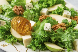 Keto Salad, pear with blue cheese and walnut, selective focus, no people, close-up