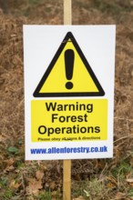 Warning forestry operations sign on Upper Hollesley Common, Suffolk, England, UK