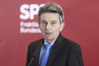 Rolf Mützenich, SPD parliamentary group leader, recorded as part of a press statement in front of