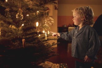 Toddler at the Christmas tree at the family Christmas party, Bonn, 24.12.2023. Toddler at the