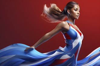 Abstract digital render of a female olympic athlete morphing into fluid shapes in french tricolor