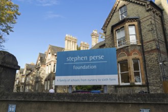 Sign for Stephen Perse Foundation nursery school, Salisbury Villas, Cambridge, Cambridgeshire,