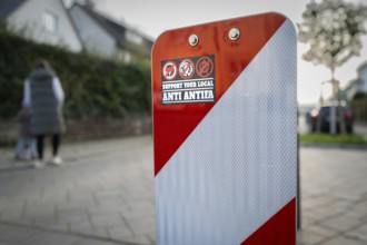 Anti Antifa sticker on a street sign, Stuttgart, Baden-Württemberg, Germany, Europe