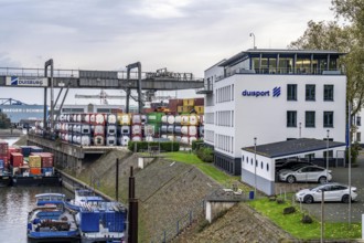 Port of Duisburg Ruhrort, container cargo ship being loaded and unloaded at DeCeTe, Duisburg