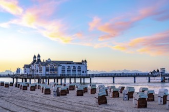 The pier of Sellin, evening mood, sunset, 394 metres long, with restaurant, jetty, beach chairs,