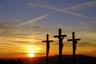 Sunset, crucifixion group, three crosses on the Kreuzberg in the Rhön, Kreuzberg near Bischofsheim,