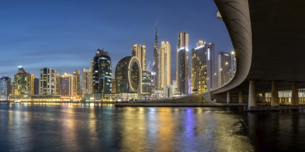 View of Dubai Burj Khalifa skyline tallest building in the world downtown at night panorama in