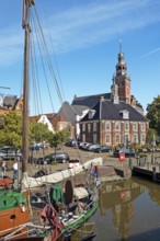 Traditional ships, Alte Waage, town hall, old town, museum harbour, Leer, East Frisia, Germany,