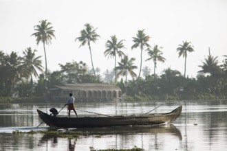 Fisherman in the morning with a boat on the Vembanad Lake, canal system of the backwaters, Kerala,