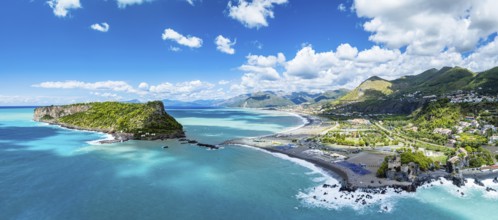 Panorama of Praia a Mare from a drone, Tyrrhenian Sea, Cosenza, Calabria, Italy, Europe